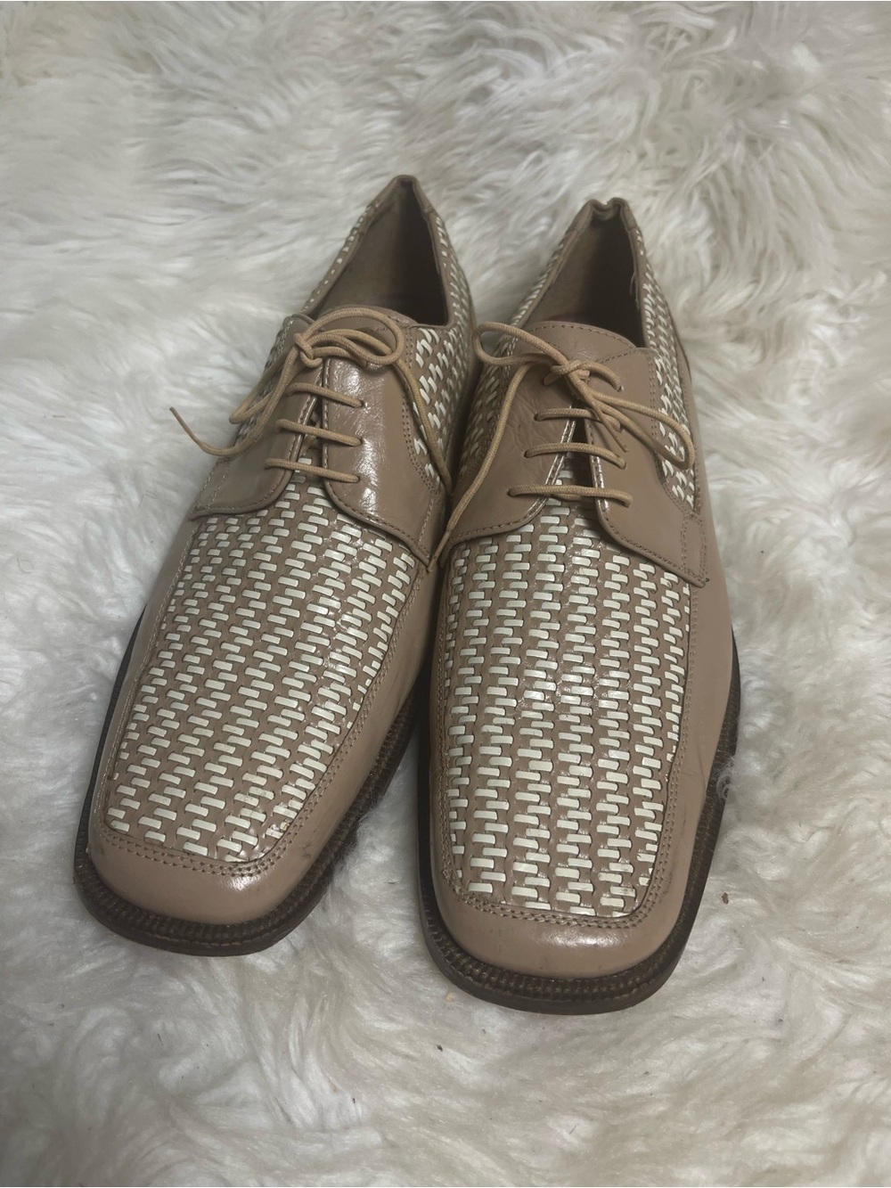 Stacy Adams Men Basketweave Tan& Cream leather lace up dress shoes SZ12M